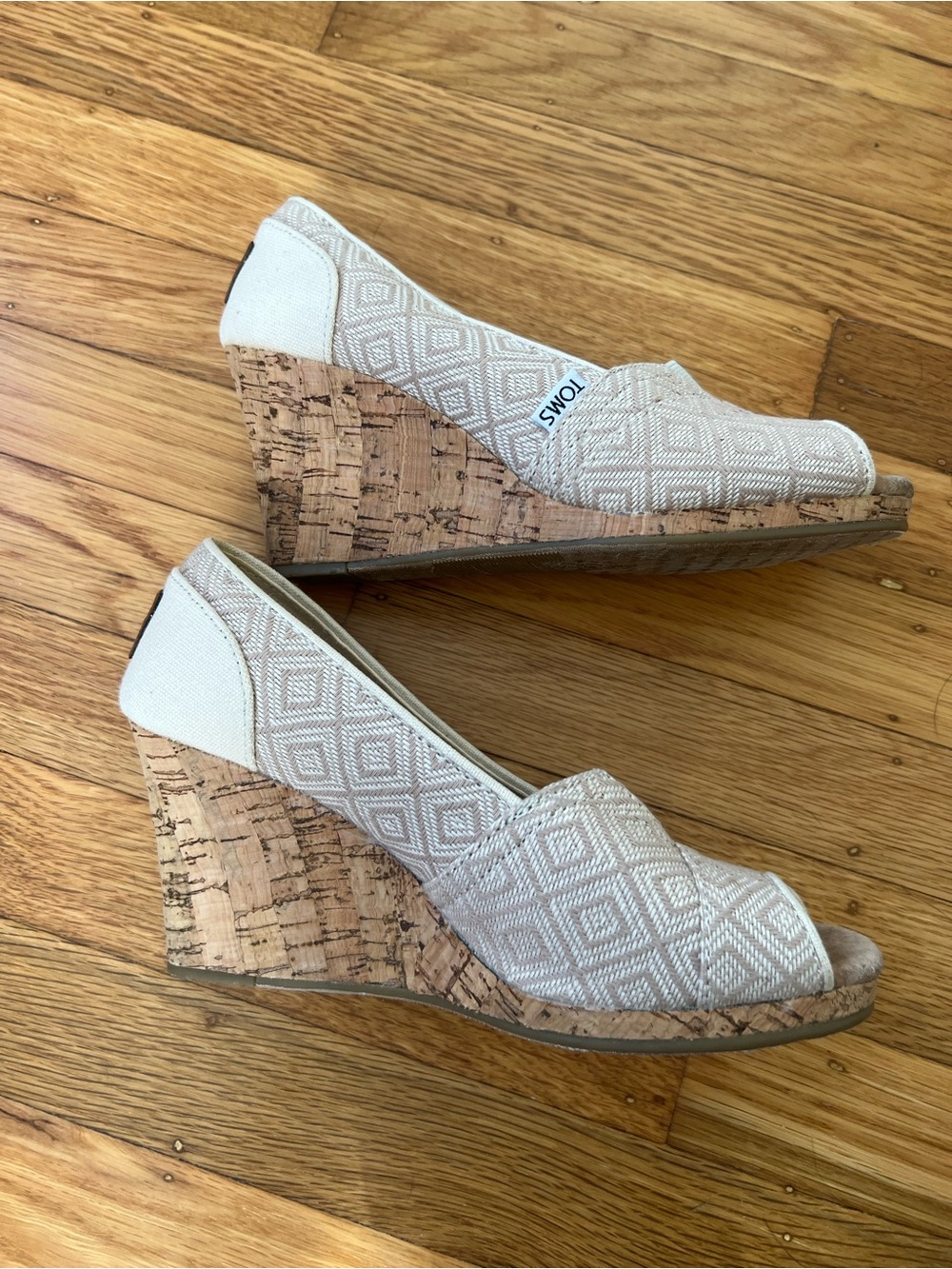 TOMS Cream Textured Fabric Cork Wedge Peep-Toe Espadrille